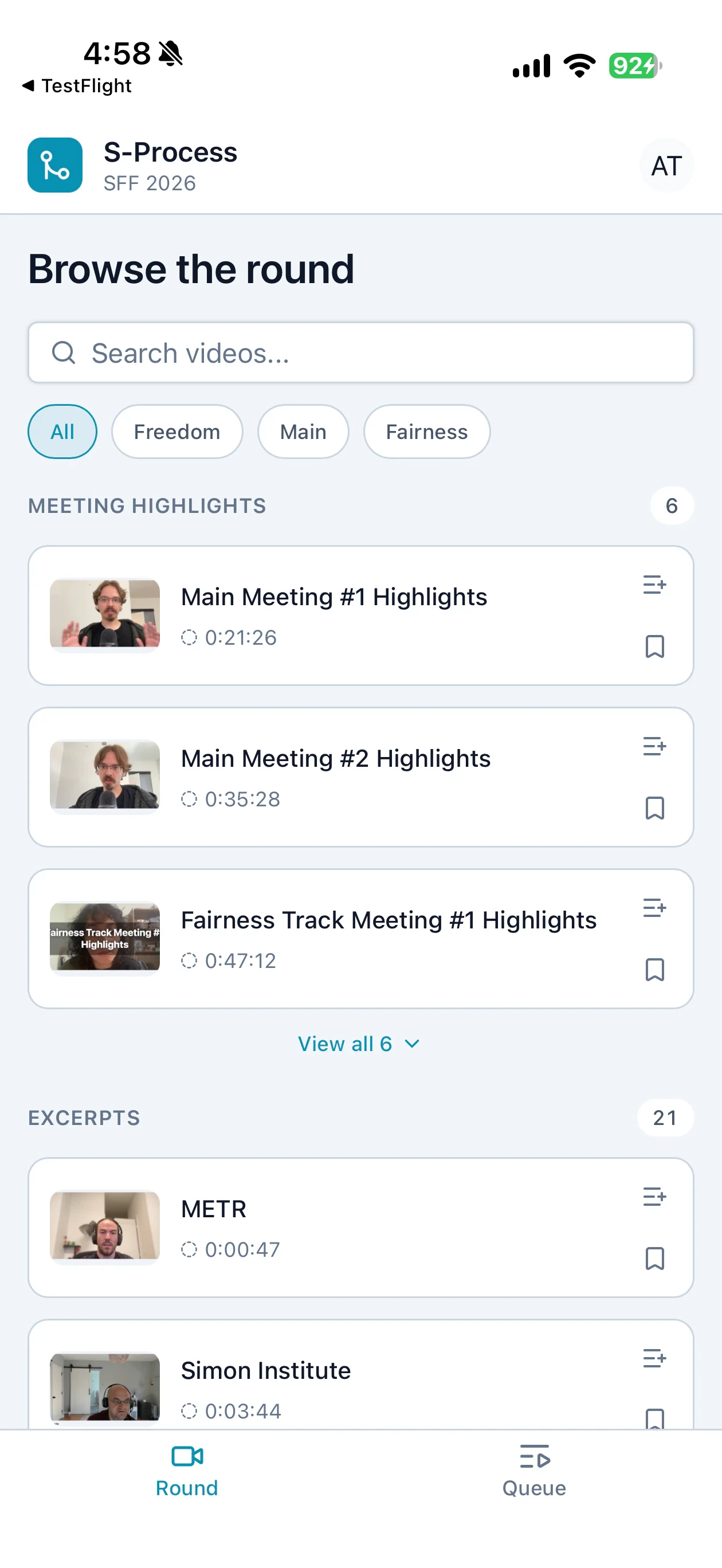 The native iPhone app browsing meeting highlights and excerpts.
