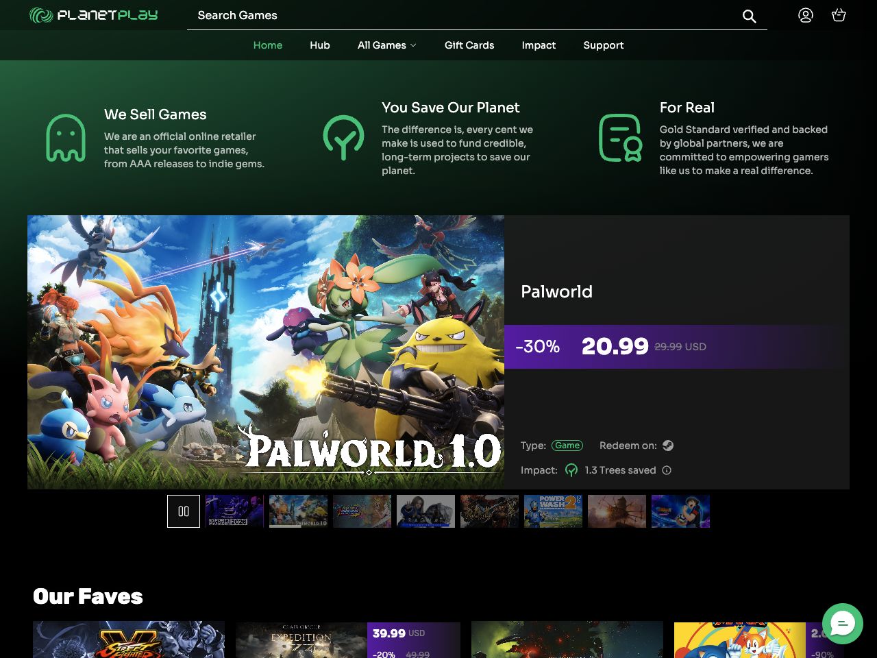 PlanetPlay game marketplace showing how purchases support environmental projects.