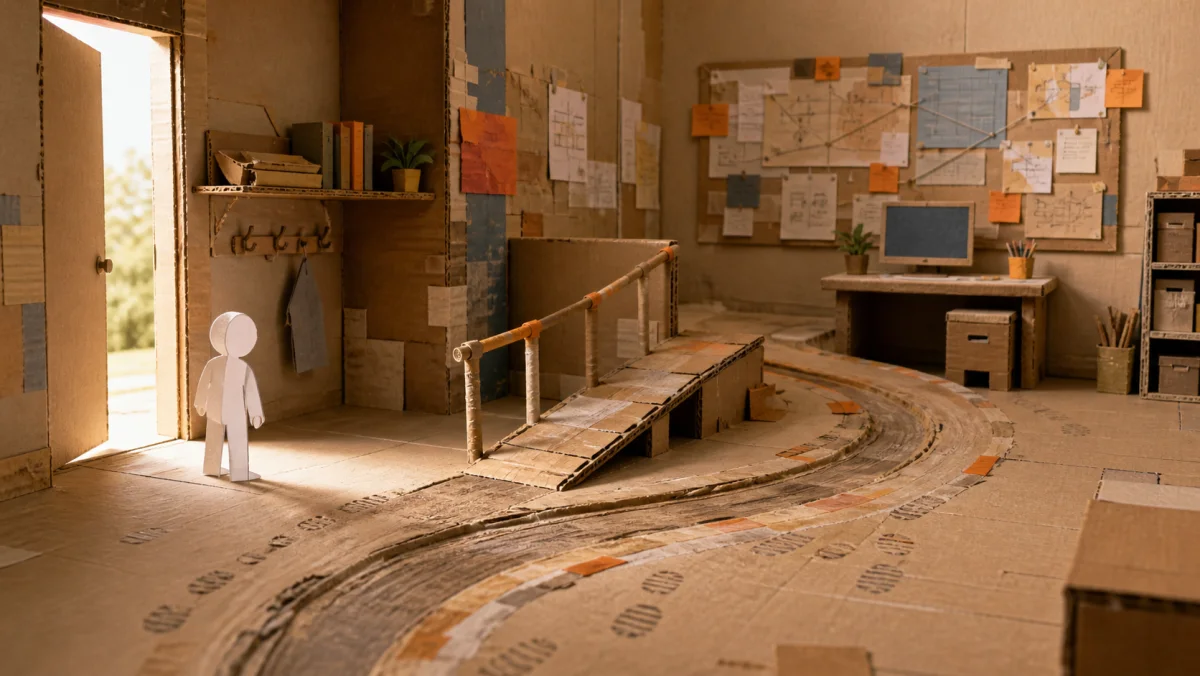 A cardboard workspace with a paper figure entering a room shaped by paths, notes, and tools.